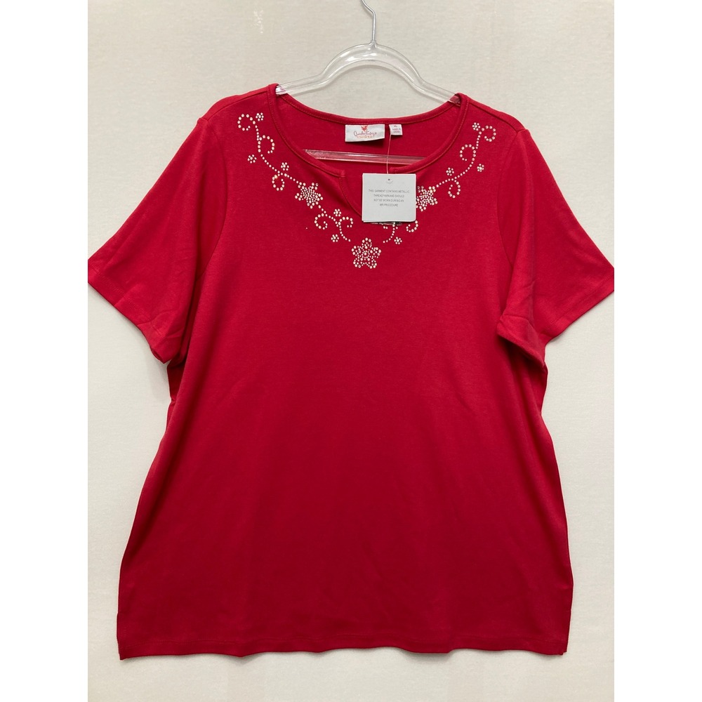 New Quacker Factory Top XL Red Rhinestone Floral Short Sleeve Knit Tee